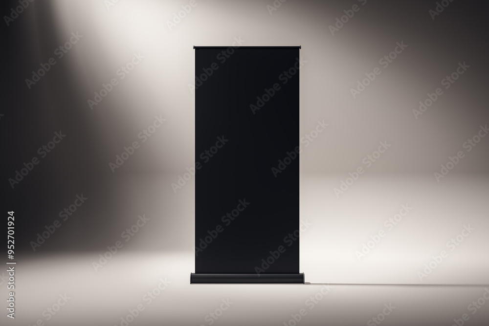 Aufkleber black roll-up banner mockup in a studio setting with light and shadow effects. 3d rendering