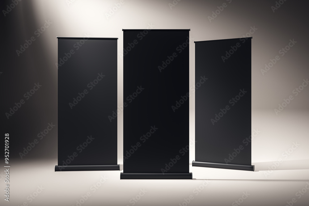 Poster three black roll-up banners standing in a studio. 3d rendering