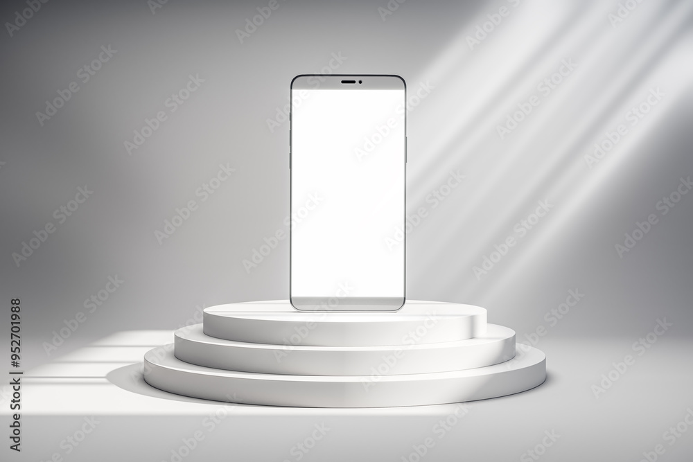Poster Smartphone mockup on white podium with rays of light. 3D Rendering
