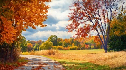 Vibrant Autumn Landscape with Swirling Leaves Under Overcast Skies