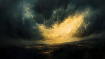 Naklejka premium Ominous Thunderstorm Sweeps Across Windswept Bleak Landscape with Dramatic Chiaroscuro Lighting