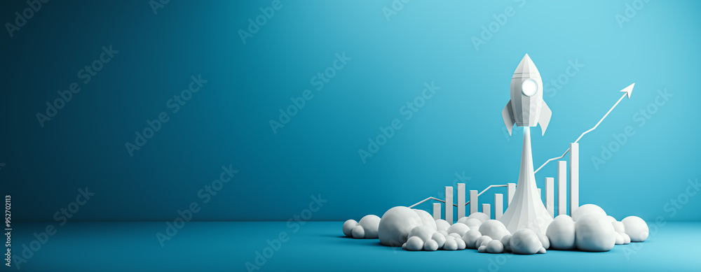 Poster White rocket launching with upward arrow and bar chart on blue gradient background. 3D Rendering