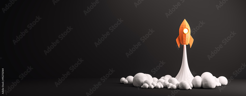 Poster orange rocket launching with smoke on a dark background. 3d rendering