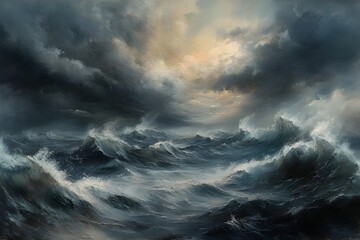 Obraz premium Brooding Seascape with Crashing Waves and Dramatic Stormy Sky