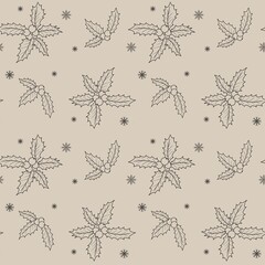 Christmas background seamless pattern outline linear sketch drawing holly hand drawn grey background