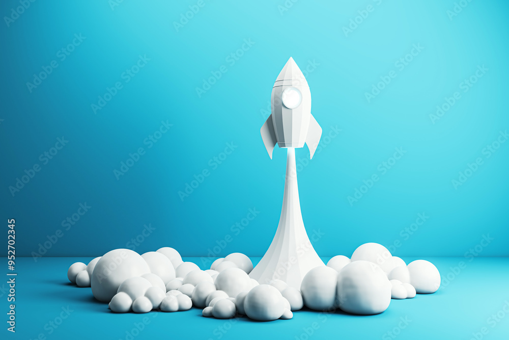 Poster White rocket launching with clouds on blue background. 3D Rendering