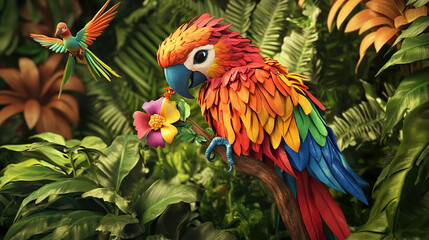 Fototapeta premium A colorful parrot perched on a branch in a lush tropical rainforest with a small bird flying behind it.
