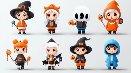 Obraz premium Colorful Halloween-themed characters enjoying the spooky season with fun costumes and playful accessories.