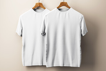 Two white t-shirts on wooden hangers against a beige wall. 3D Rendering