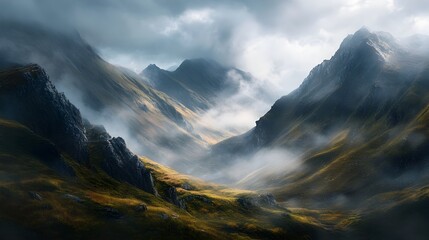 Ethereal Mist Envelops Rugged Mountain Peaks in Misty Alpine Meadow Landscape