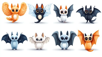Fototapeta premium A colorful collection of cute fantasy creatures with wings, featuring different designs and expressions perfect for art and media projects.