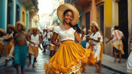 A young beautiful Cuban woman is dancing on the street of Havana in a national bright dress and a big hat. She is smiling and happy.