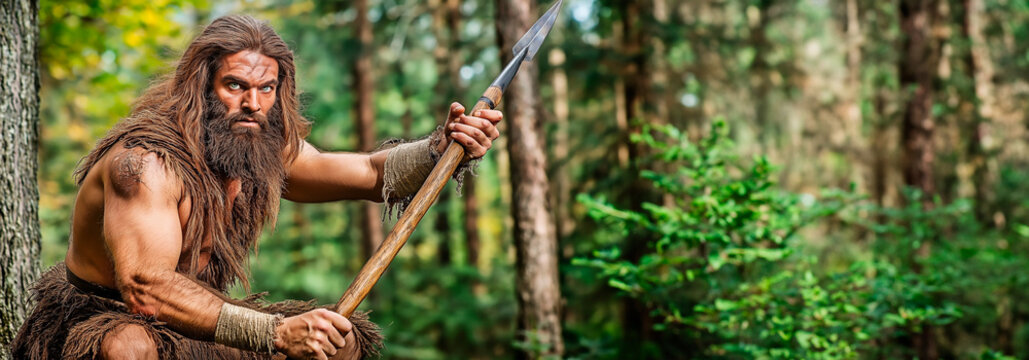 Primitive caveman with spear hunting in green forest. Banner format.