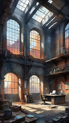 Obraz premium Interior of an old industrial building with brick walls and large windows transformed into a creative space