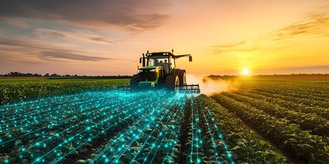Futuristic Tractor Spraying Neon Ink Across Vibrant Green Fields with Digital Data Streams