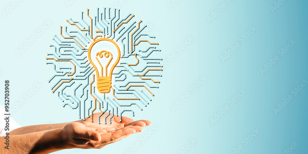 Poster Hands presenting a lightbulb icon integrated with network circuits on a light blue background.