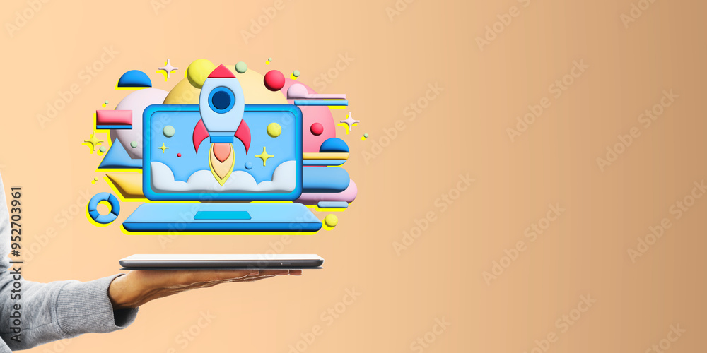 Poster hand holding a tablet with a colorful rocket launching from a laptop screen, symbolizing startup gro