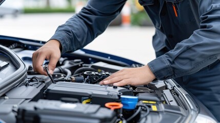 Close-up of a mechanic's hands working on a car engine, emphasizing vehicle maintenance and automotive repair services.
