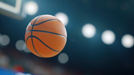 Close-up of a basketball in mid-air, captured during a game under stadium lights, symbolizing action and athletic competition.