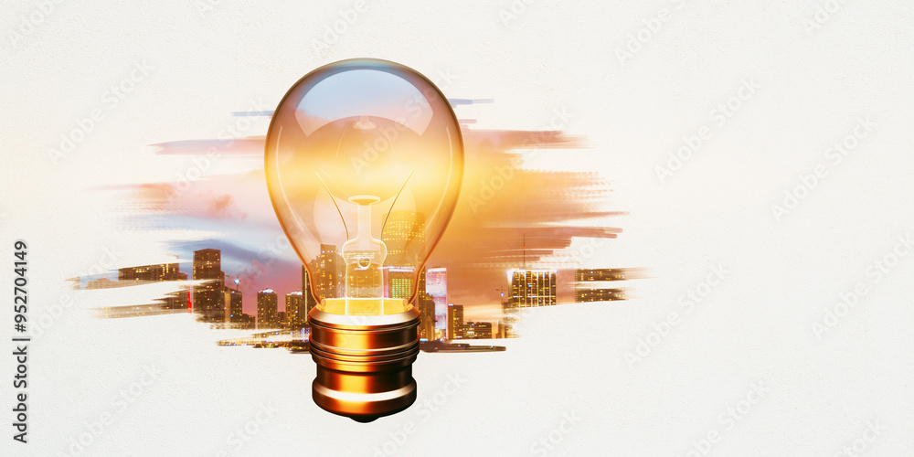 Aufkleber lightbulb with a cityscape backdrop symbolizing an idea in a business context. 3d rendering