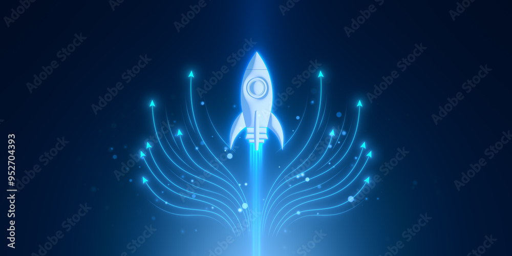 Poster Neon blue rocket launch with upward arrows on dark background. 3D Rendering