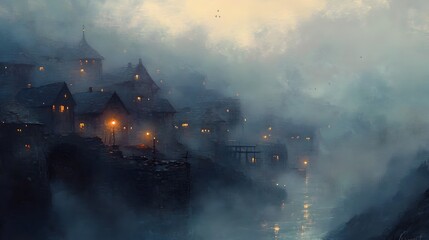 Fototapeta premium Misty Coastal Town at Dawn Quaint Village Shrouded in Atmospheric Fog and Twinkling Lights