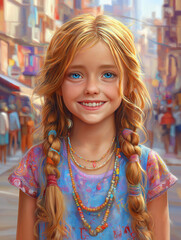 Fototapeta premium Smiling young girl with braided hair and colorful accessories in a vibrant street scene 
