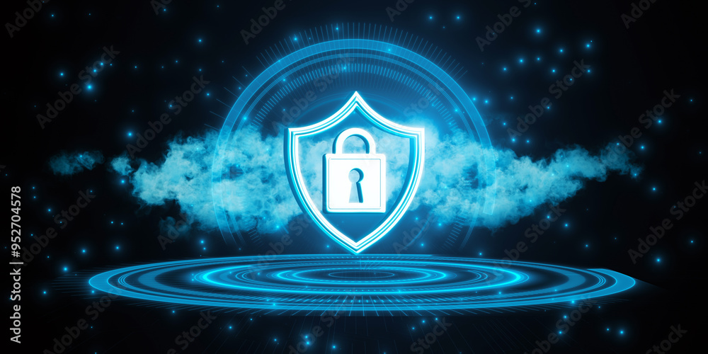 Poster digital lock and shield cybersecurity symbol on futuristic blue background. 3d rendering