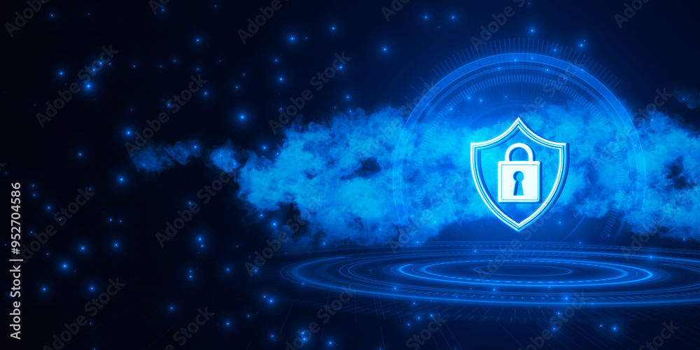 Poster digital lock and shield symbol on a blue holographic background. 3d rendering