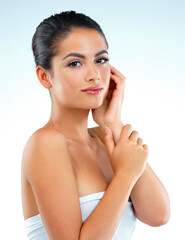 Skincare, face and portrait of woman in studio with natural, moisturizing or cosmetic treatment....