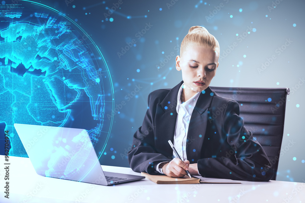 Poster businesswoman working at desk with laptop and holographic globe projection in background. concept of
