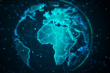 Digital world map with glowing virtual network on dark background. 3D Rendering