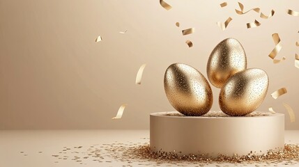 Obraz premium Happy Easter banner for product demonstration. Beige pedestal or podium with golden eggs and confetti on beige background. generative ai