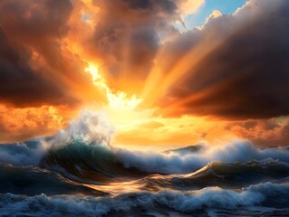 Obraz premium Sunlight Piercing Through Dramatic Stormy Coastal Landscape with Crashing Waves