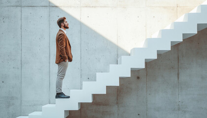 Businessman standing on stairs looking up at goal with light shining down