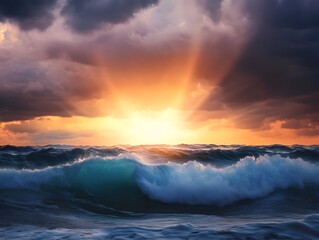 Dramatic Coastal Landscape with Bursting Sun Rays Through Stormy Skies and Crashing Ocean Waves