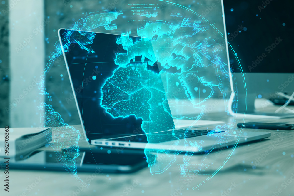 Poster digital holographic world map overlay on a laptop screen in a modern office environment.
