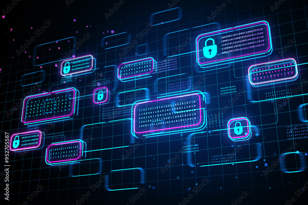 Poster Digital locks and binary code on a futuristic grid backdrop. 3D Rendering