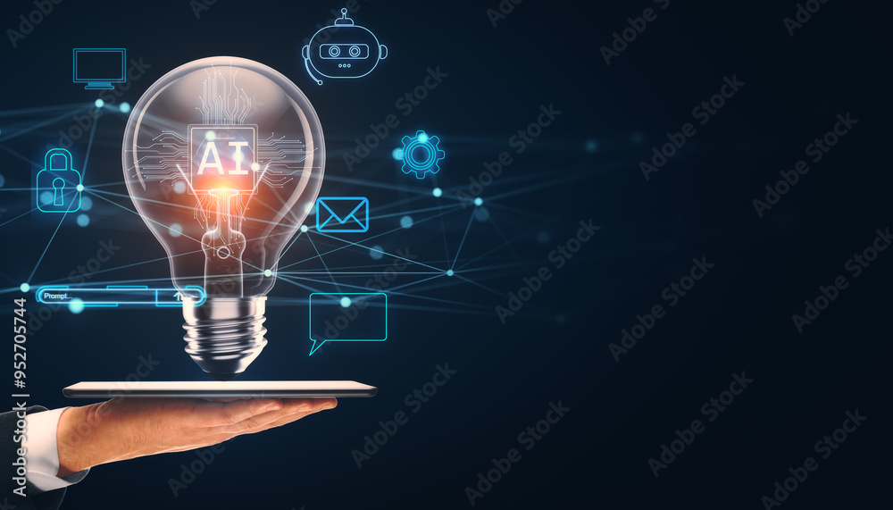 Poster Conceptual image of AI technology with lightbulb on hand and digital icons on dark background.