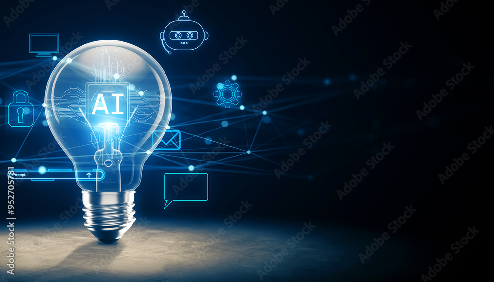 Aufkleber Lightbulb with AI technology icons on a dark background. 3D Rendering