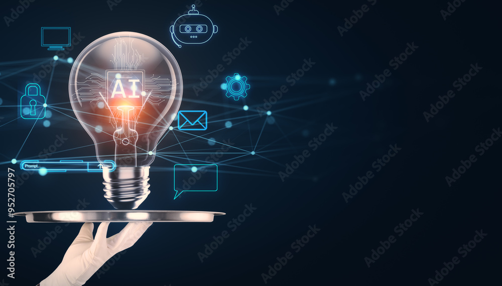 Poster lightbulb with ai logo on a tray surrounded by technology icons in a dark background.