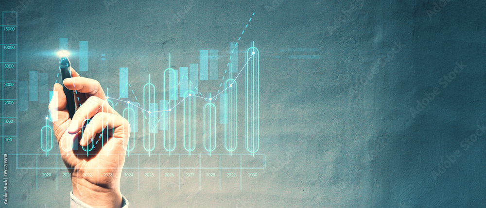 Poster hand holding a pen drawing a glowing upward graph on a digital interface background.