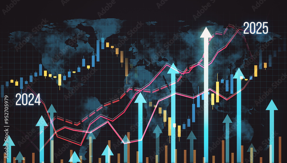 Poster Global financial growth chart with upward arrows for 2024 and 2025. 3D Rendering