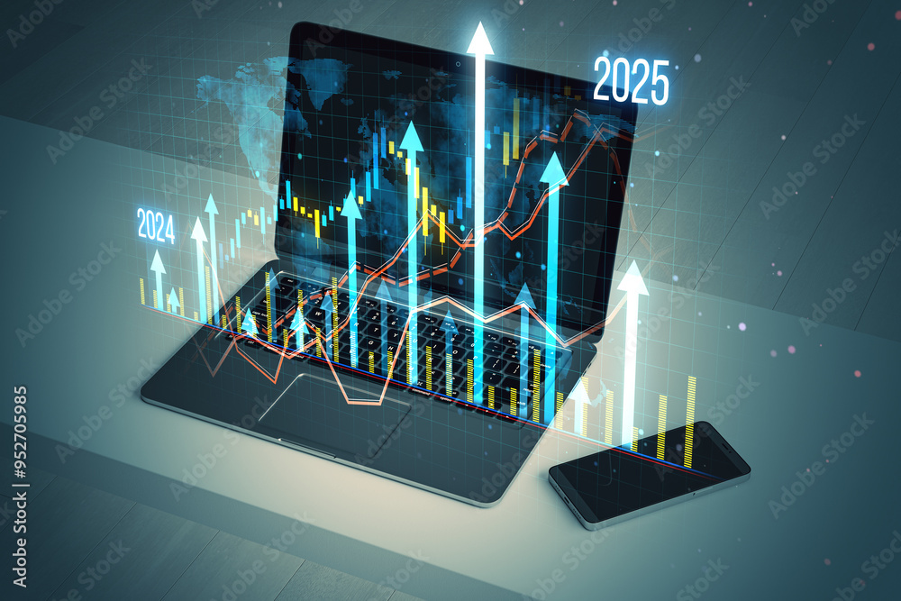Poster virtual financial growth charts displayed on a laptop screen in a futuristic digital environment.