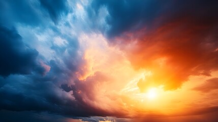 Fototapeta premium Dramatic Sunset Over Stormy Horizon with Piercing Golden Light Through Ominous Clouds