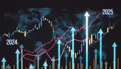 Naklejka premium Global financial growth chart with upward arrows for 2024 and 2025. 3D Rendering