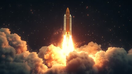 Rocket Launch Through Clouds with a Starry Night Background