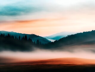 Fototapeta premium Atmospheric Misty Dawn Landscape with Rolling Hills and Foggy Meadows Bathed in Warm Sunlight