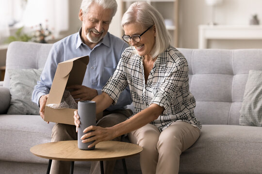 Smiling wife holding vase received in parcel box, enjoy good quality express services and stylish decor item for home. Marketplace clients, electronic commerce services, positive feedback, e-shopping