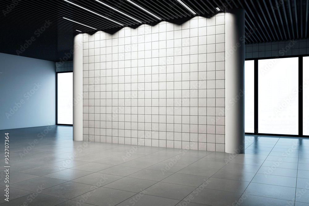 Poster Modern gallery space with tiled wall and windows in background. 3D Rendering